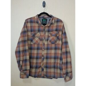 HippyTree Nomad Division Mens Large Brown Tan Blue Plaid Cotton Flannel Shirt